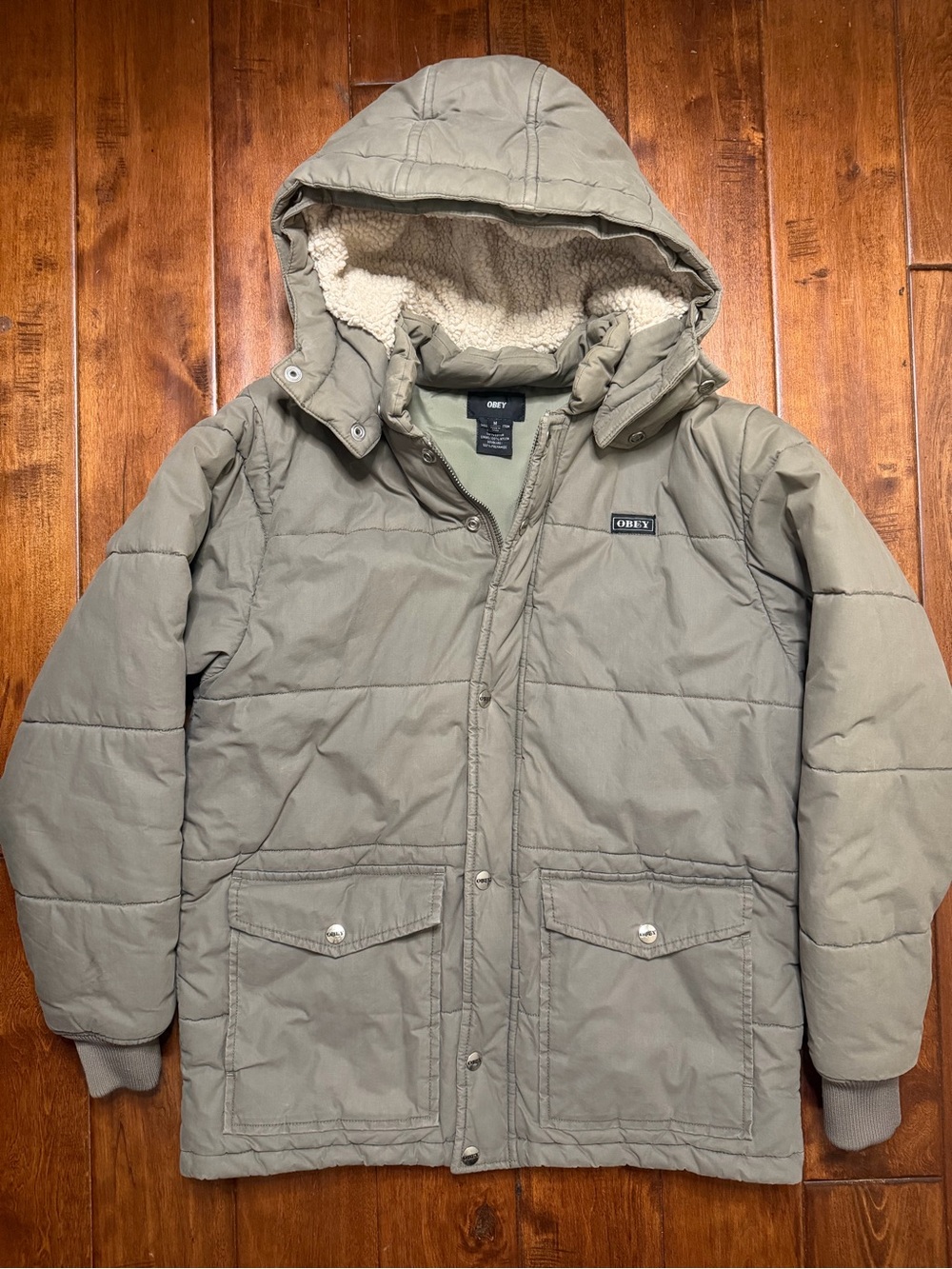 RARE Vintage Obey Men's Olive Green Zip Parka Hooded Puffer Jacket Sherpa